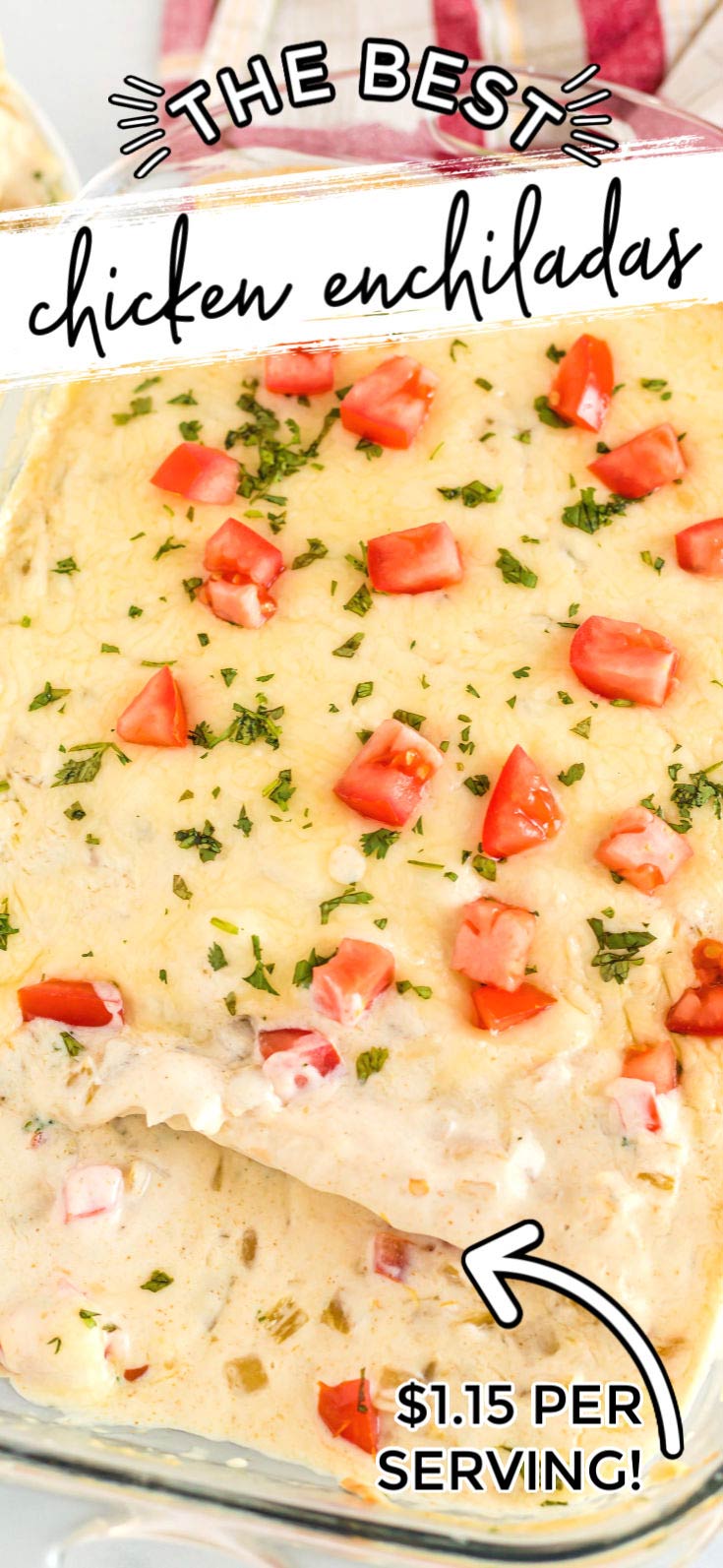 This creamy Chicken Enchilada recipe is some serious comfort food! The enchiladas are filled with chicken, cheese, corn, and green chiles and covered with a green chile cream sauce (made without canned soup!). This recipe serves 8 and costs $9.21 to make. That's just $1.15 per serving.  via @foodfolksandfun