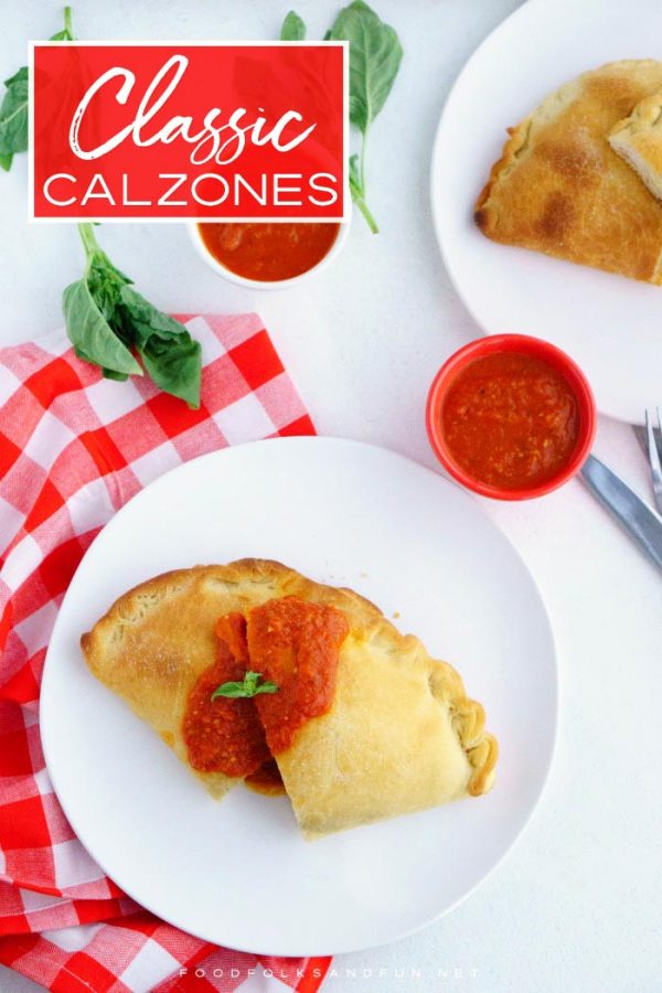 Finished Cheese Calzones with text overlay for Pinterest.