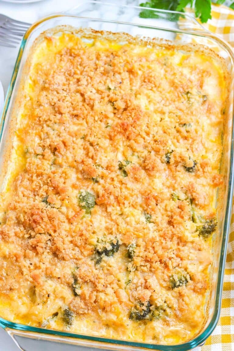 The finished Broccoli Cauliflower Casserole in a 9 by 13-inch casserole dish.