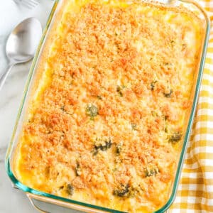 The finished casserole in a casserole dish.