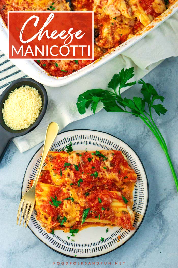 Cheese Manicotti on a plate with text overlay for Pinterest