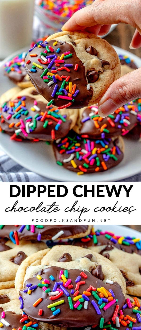 Dipped Chewy Chocolate Chip Cookies are an easy cookie that you can enjoy for the holidays or anytime. They're chewier on the outside and soft in the middle. That's cookie perfection if you ask me!  via @foodfolksandfun
