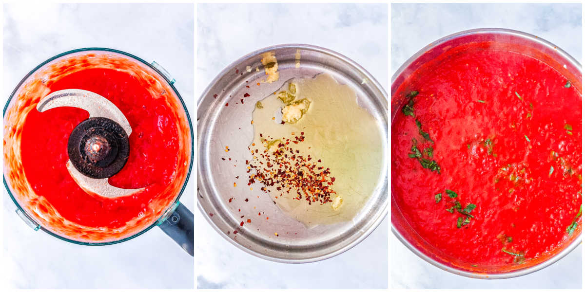 Step by step collage showing blended tomatoes in a food processor, garlic and red pepper flakes sautéing in olive oil, and fresh basil added to homemade marinara sauce for manicotti.