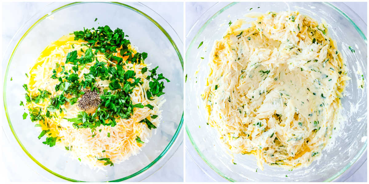 Collage showing ricotta, mozzarella, Parmesan, eggs, and fresh herbs in a bowl and the fully mixed three cheese filling for manicotti.