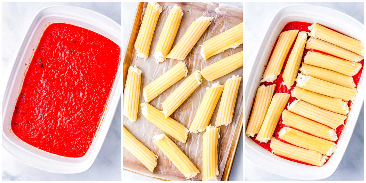 Step by step collage of baking dish layered with marinara sauce, stuffed manicotti shells on a baking sheet, and shells arranged in sauce before baking