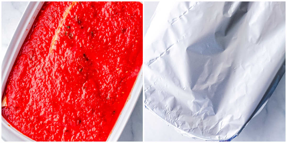 Collage showing manicotti covered with sauce, baking dish sealed with foil.