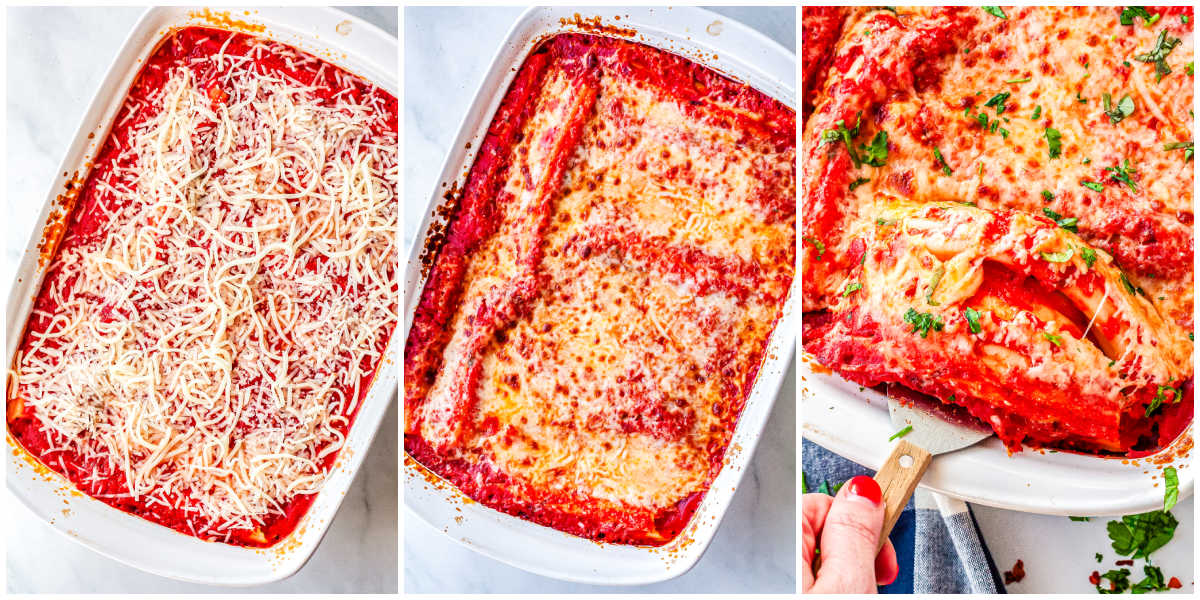 A picture collage showing manicotti topped with mozzarella, and the finished baked three cheese manicotti casserole.