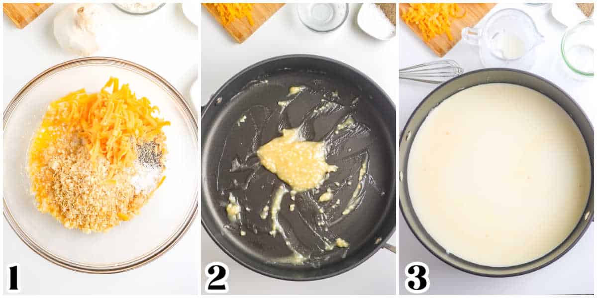 The crocker topping in a bowl and the liquid base of the sauce in a pot.