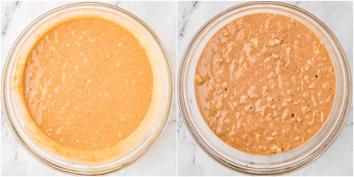 Side-by-side bowls showing spiced cupcake batter before and after adding chopped apples.