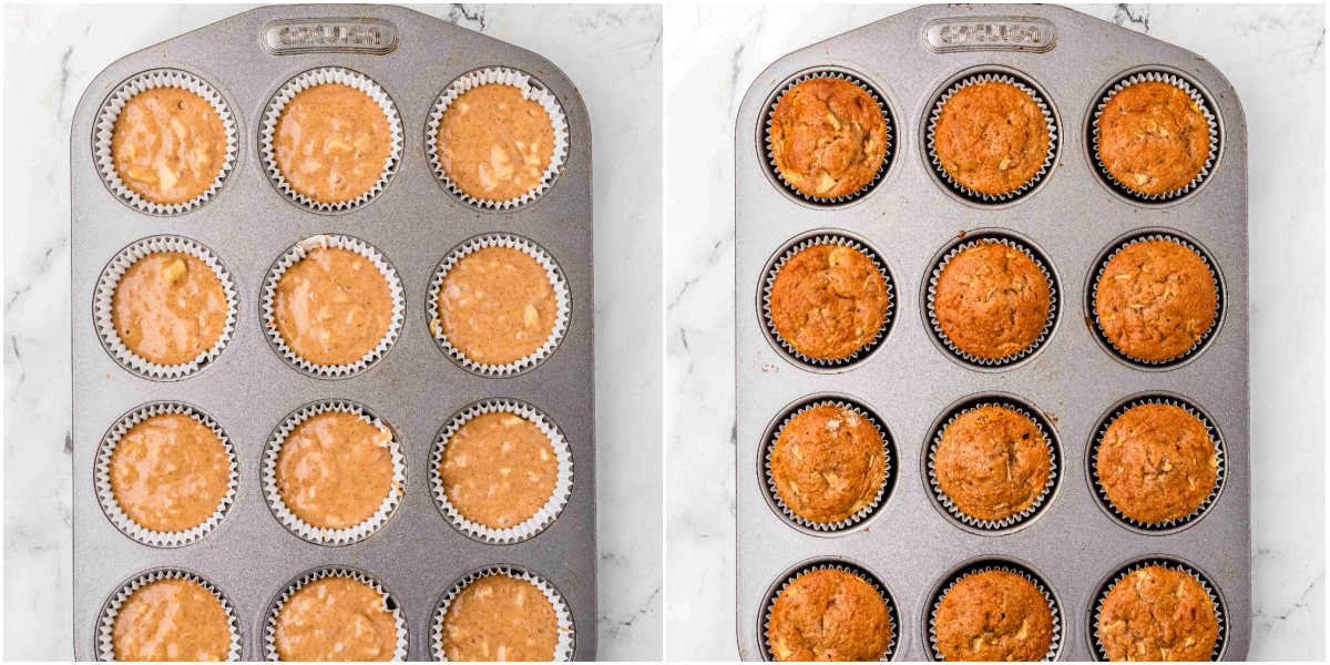 Side-by-side of muffin tins with apple spice cupcake batter before baking and golden cupcakes after baking.