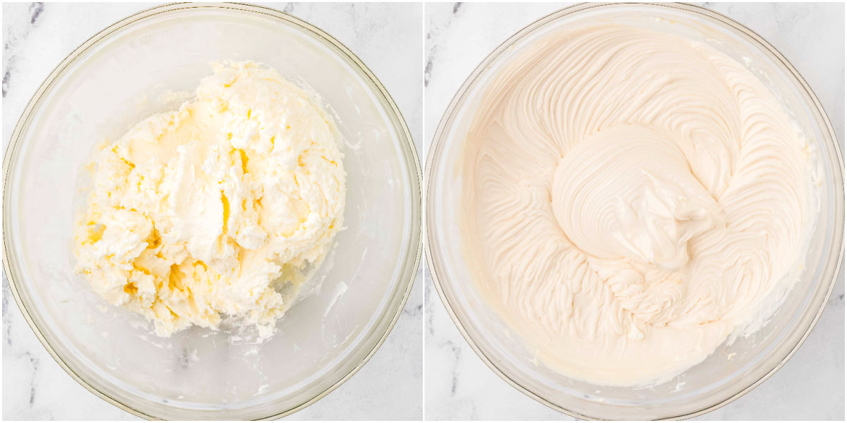 Side-by-side bowls showing caramel buttercream frosting before mixing and after whipped smooth and fluffy.