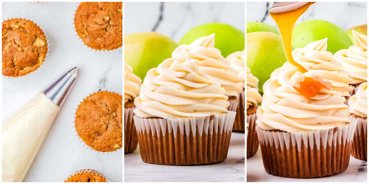 Step-by-step collage showing caramel apple cupcakes being frosted with piping bag, finished cupcakes, and caramel sauce being drizzled on top.
