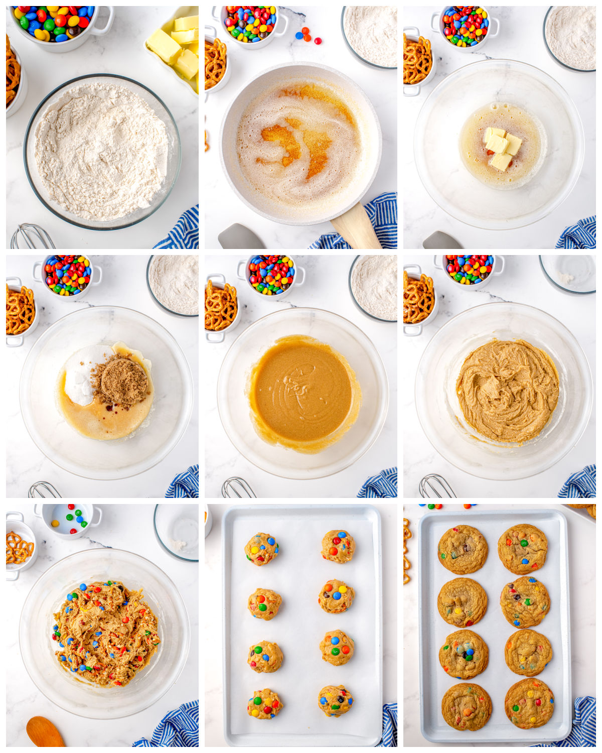 A picture collage showing how to make this M&M Pretzel Cookies recipe.