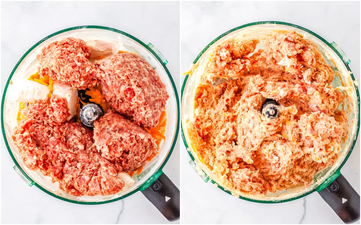 The sausage ball mixture in a food processor.
