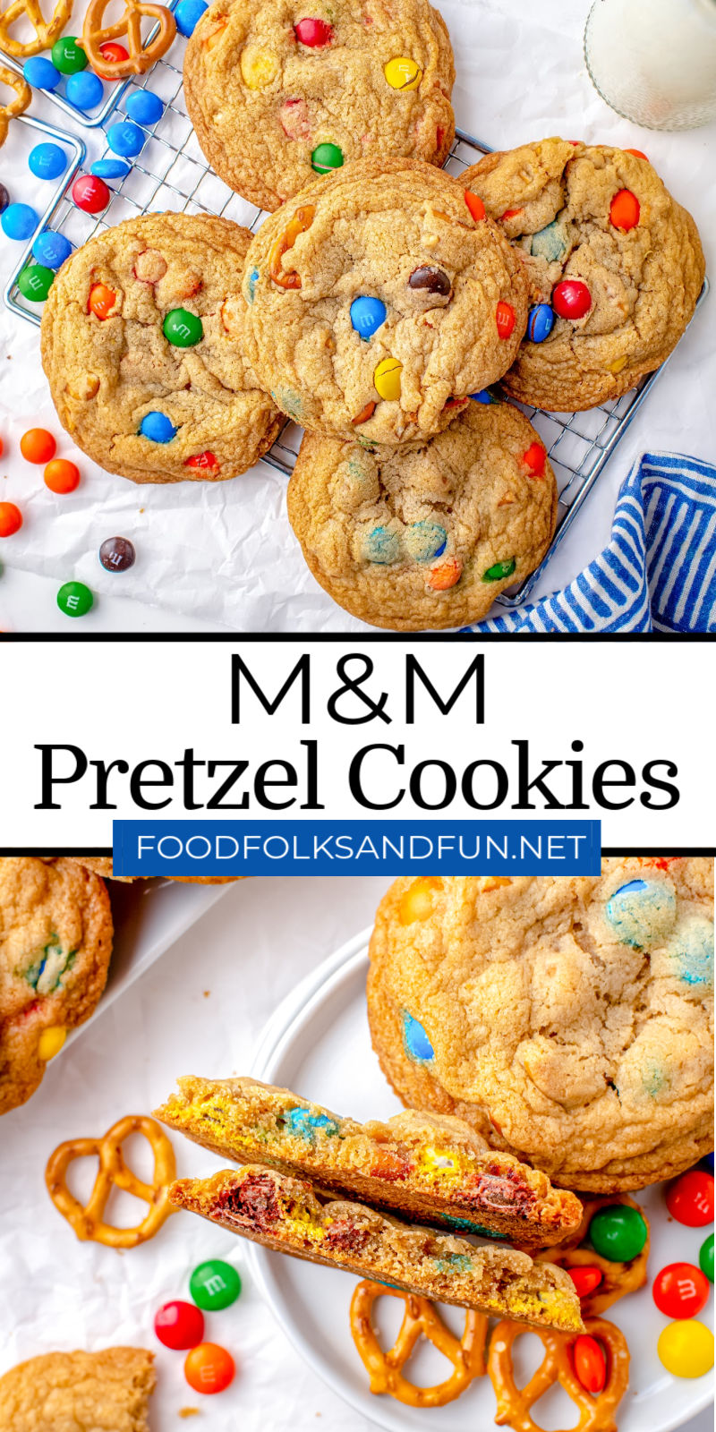 M&M Pretzel Cookies are sweet, salty, and a little bit addicting! The browned butter gives these cookies a butterscotch undertone that makes them irresistible! via @foodfolksandfun