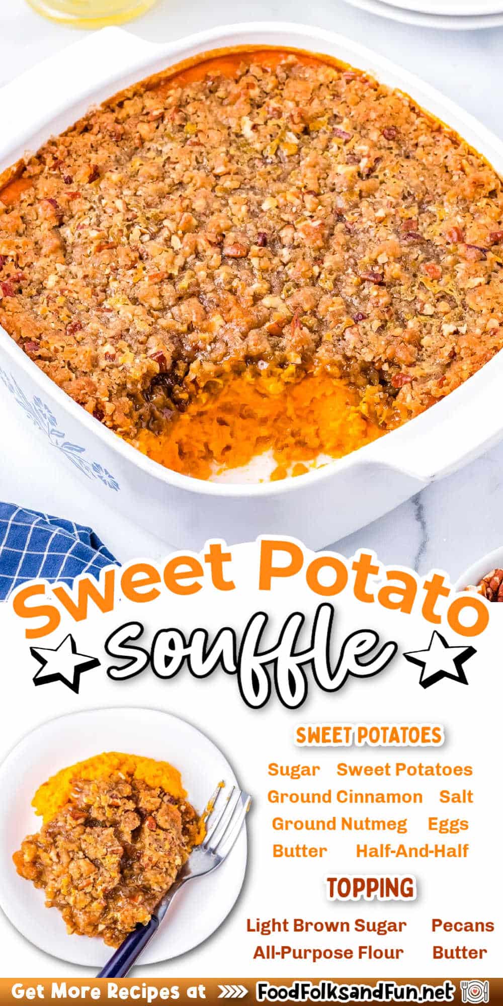 This Sweet Potato Soufflé recipe is the best way to eat sweet potatoes. It's creamy and has a buttery pecan streusel topping. I always get rave reviews when I make it!  via @foodfolksandfun