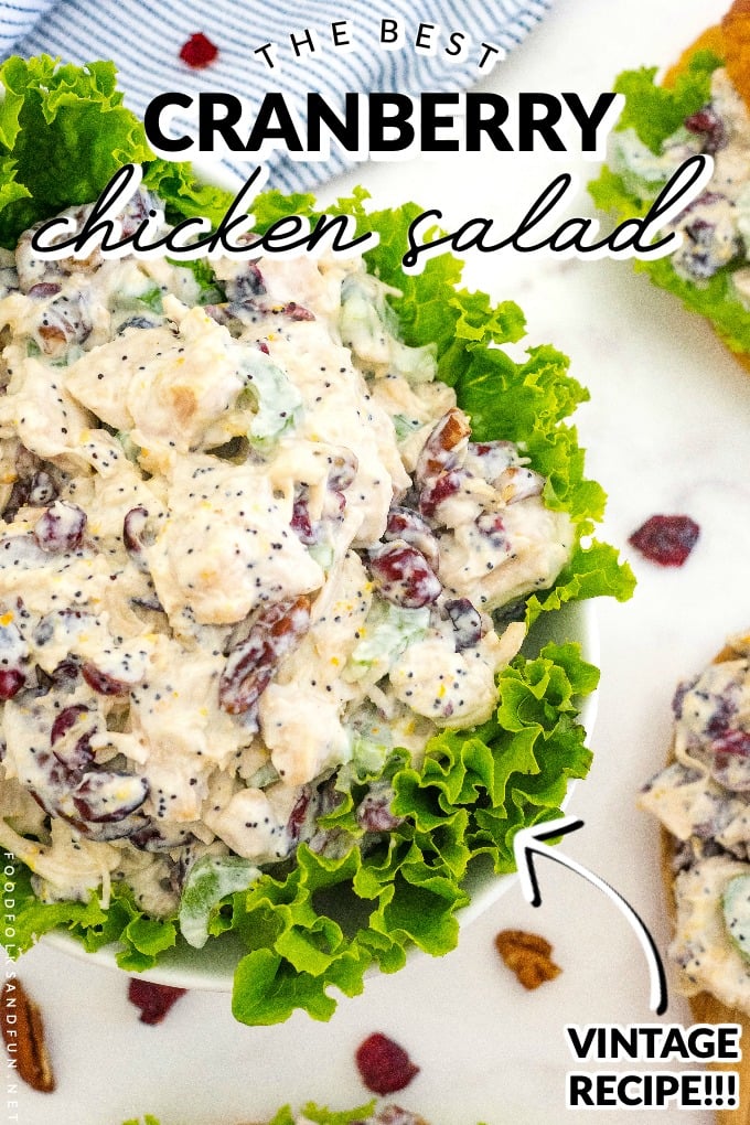 This Cranberry Chicken Salad with Pecans recipe is so creamy and filled with cranberries, celery, toasted pecans, orange zest, and poppy seeds. Serve it on croissants, rolls, as a wrap, or on a bed of lettuce. via @foodfolksandfun