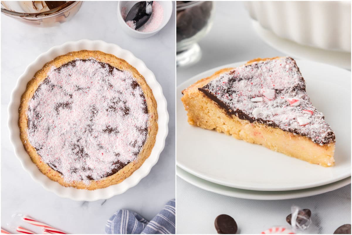 Peppermint pieces added to the top of the pie and the pie cut into a slice and put on a plate.