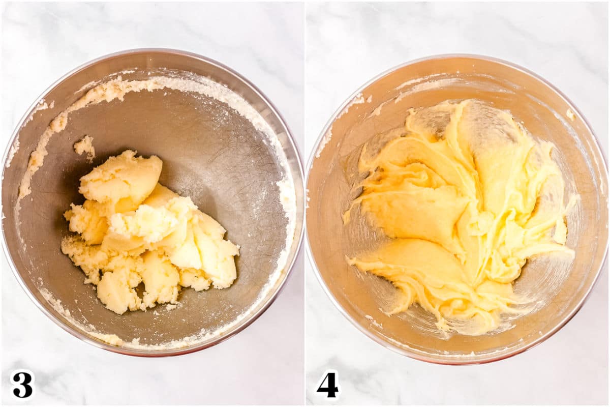 The wet ingredients of the shortbread beat together in the bowl of a stand mixer.