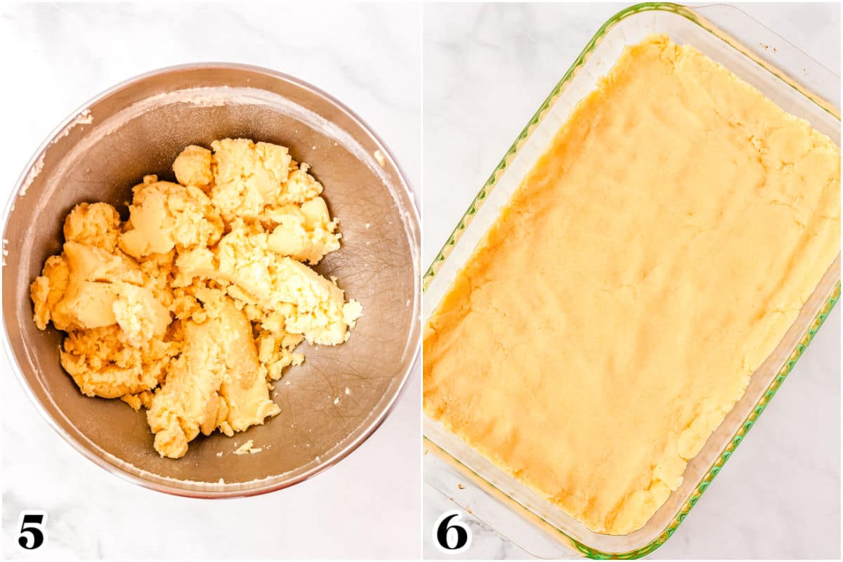 The shortbread dough mixed together in the bowl of a stand mixer and then patted into a greased 9 by 13-inch pan.
