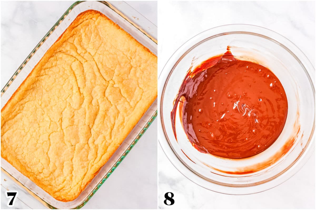 The baked shortbread layer and chocolate melted in a bowl.