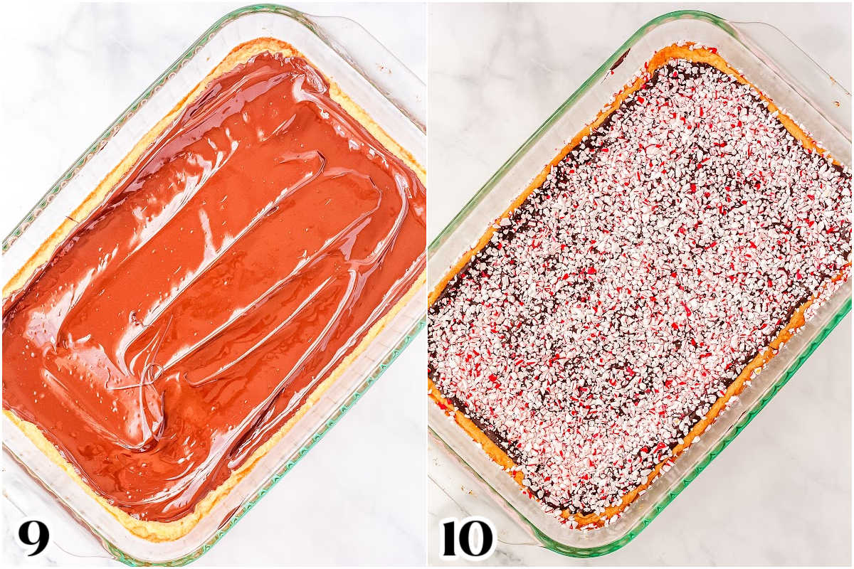 The chocolate and peppermint candy pieces spread over the shortbread later.