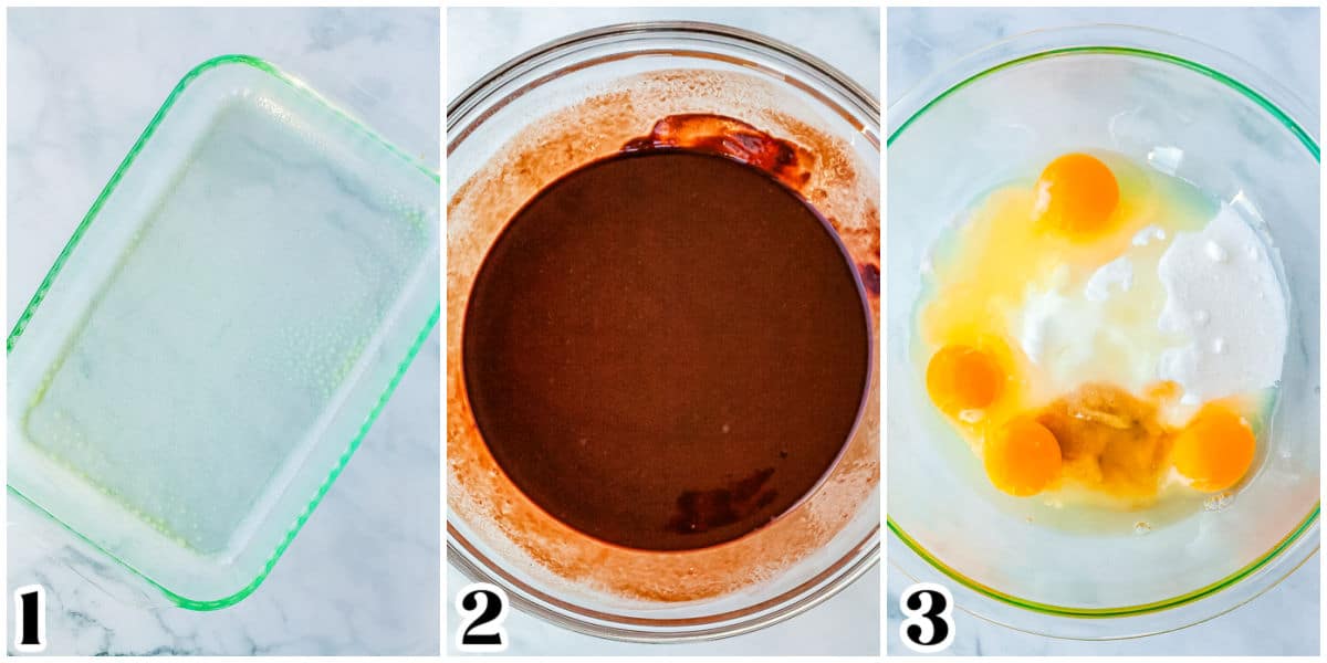 The wet brown batter ingredients mixed together and a 9 by 13-inch baking dish sprayed with nonstick cooking spray.