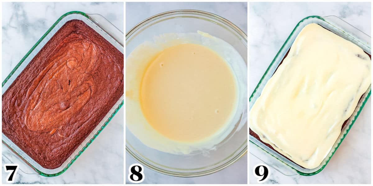 The finished cooked brwnies are in a pan, and then melted white chocolate is spread over them.