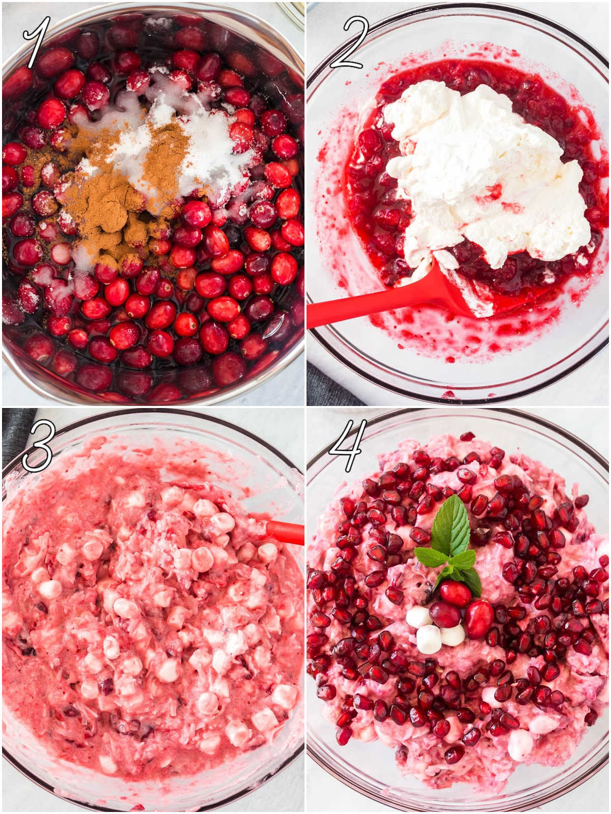 A picture collage with text over of the steps to make cranberry fluff salad.