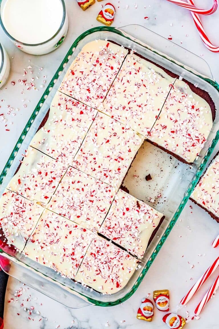 Peppermint Bark Brownies in a 9 by 13-inch baking dish.