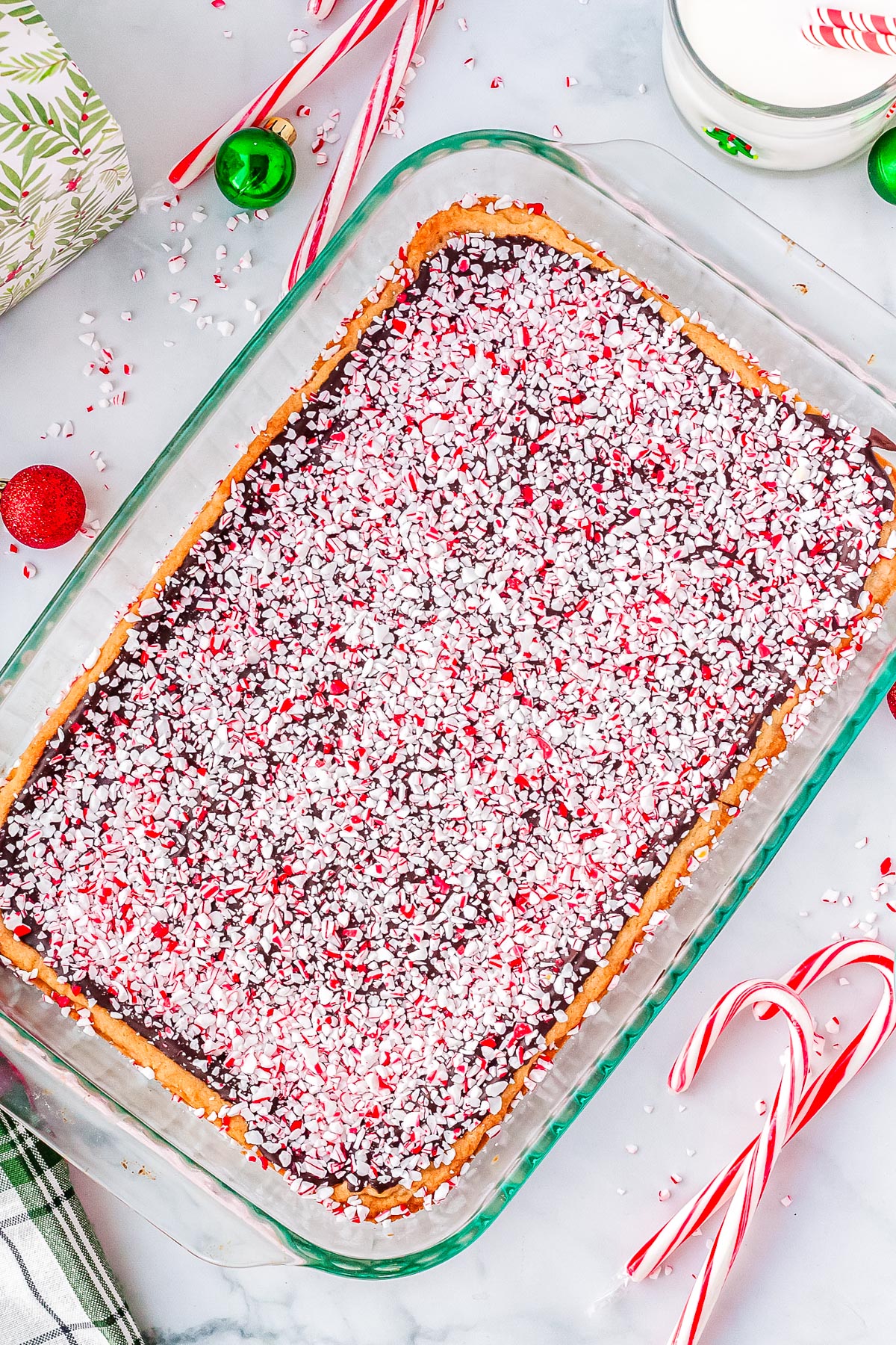 The Peppermint Bark Cookies in a 9 by 13-inch pan.