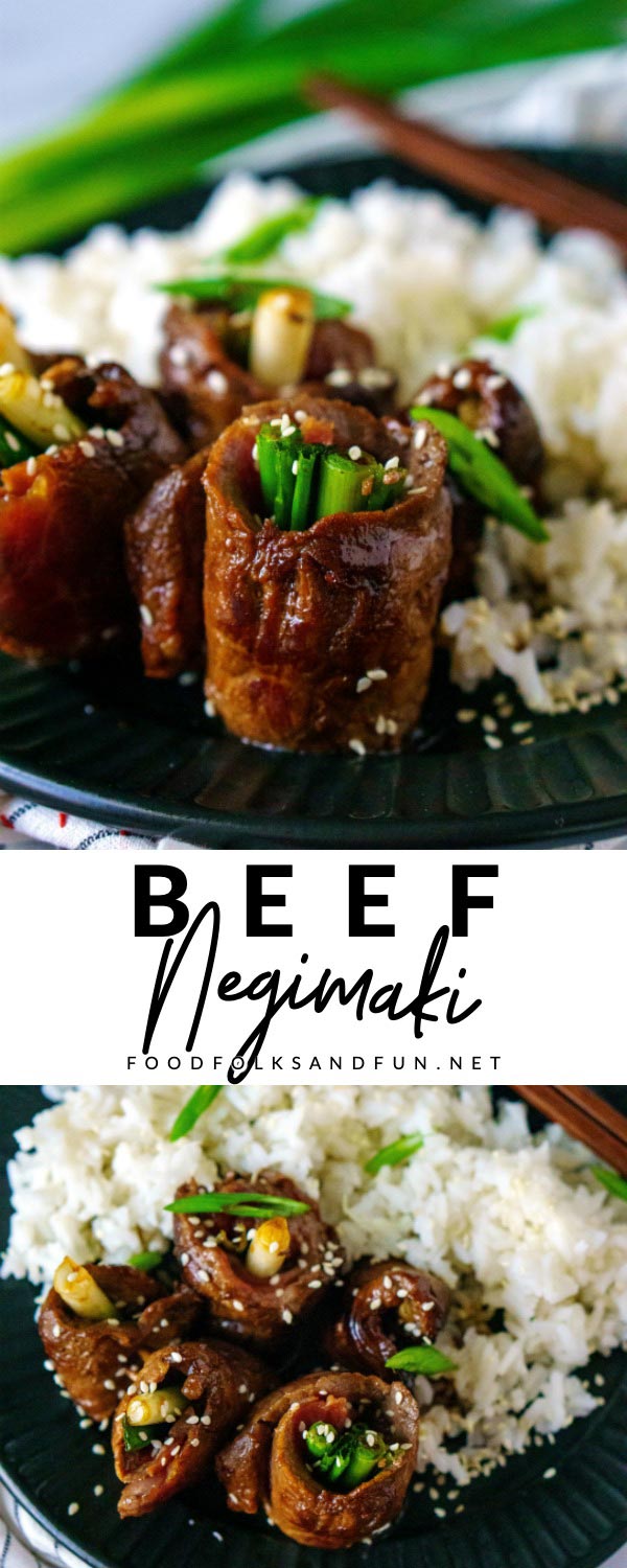 Beef Negimaki is a Japanese dish of rolled steak with scallions on the inside. It's a delicious and easy recipe that is served as an appetizer or a main dish.  via @foodfolksandfun