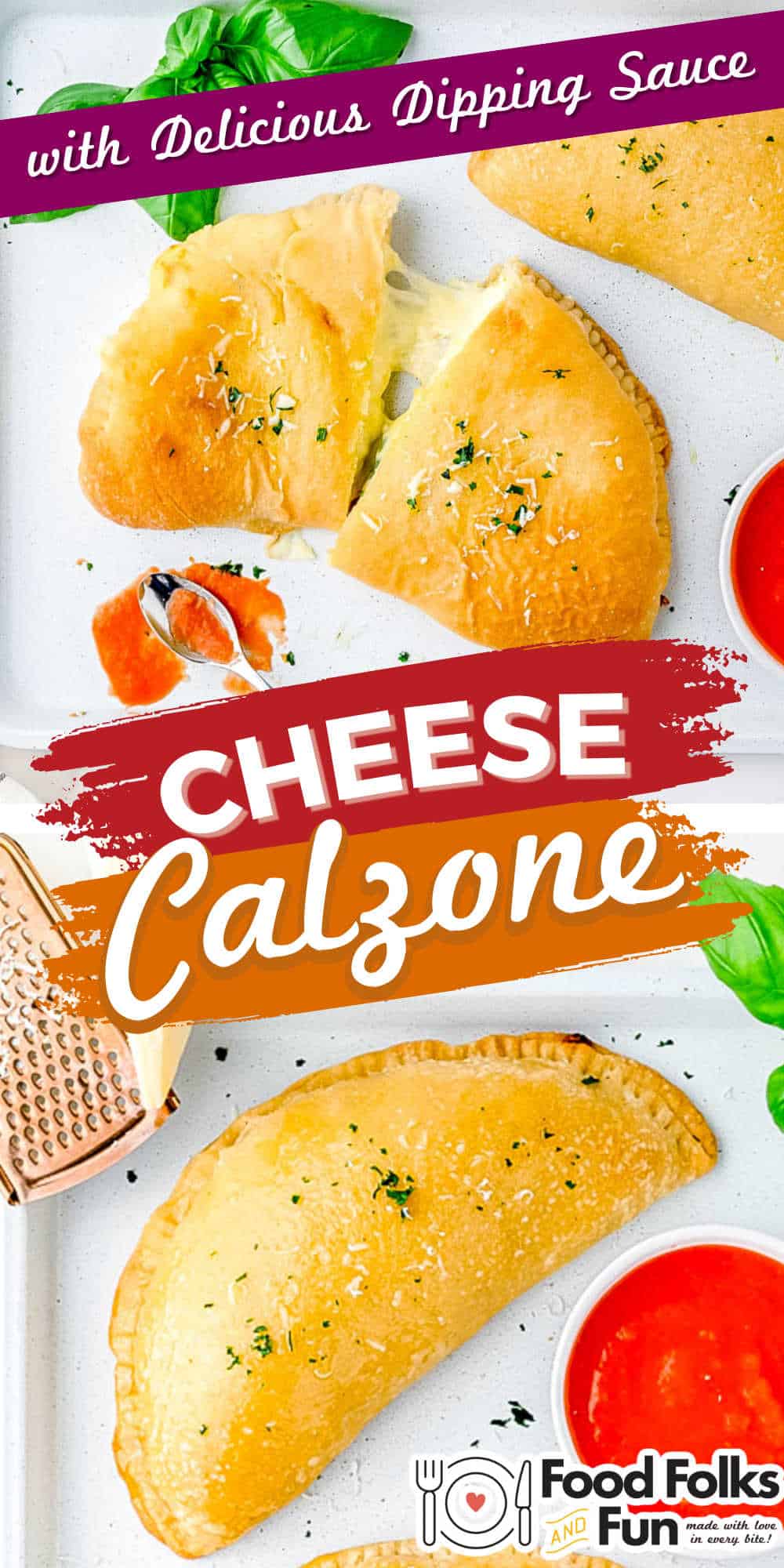 This homemade Cheese Calzone recipe makes six large calzones. They're filled with ricotta, mozzarella, Parmesan, and fresh herbs. via @foodfolksandfun