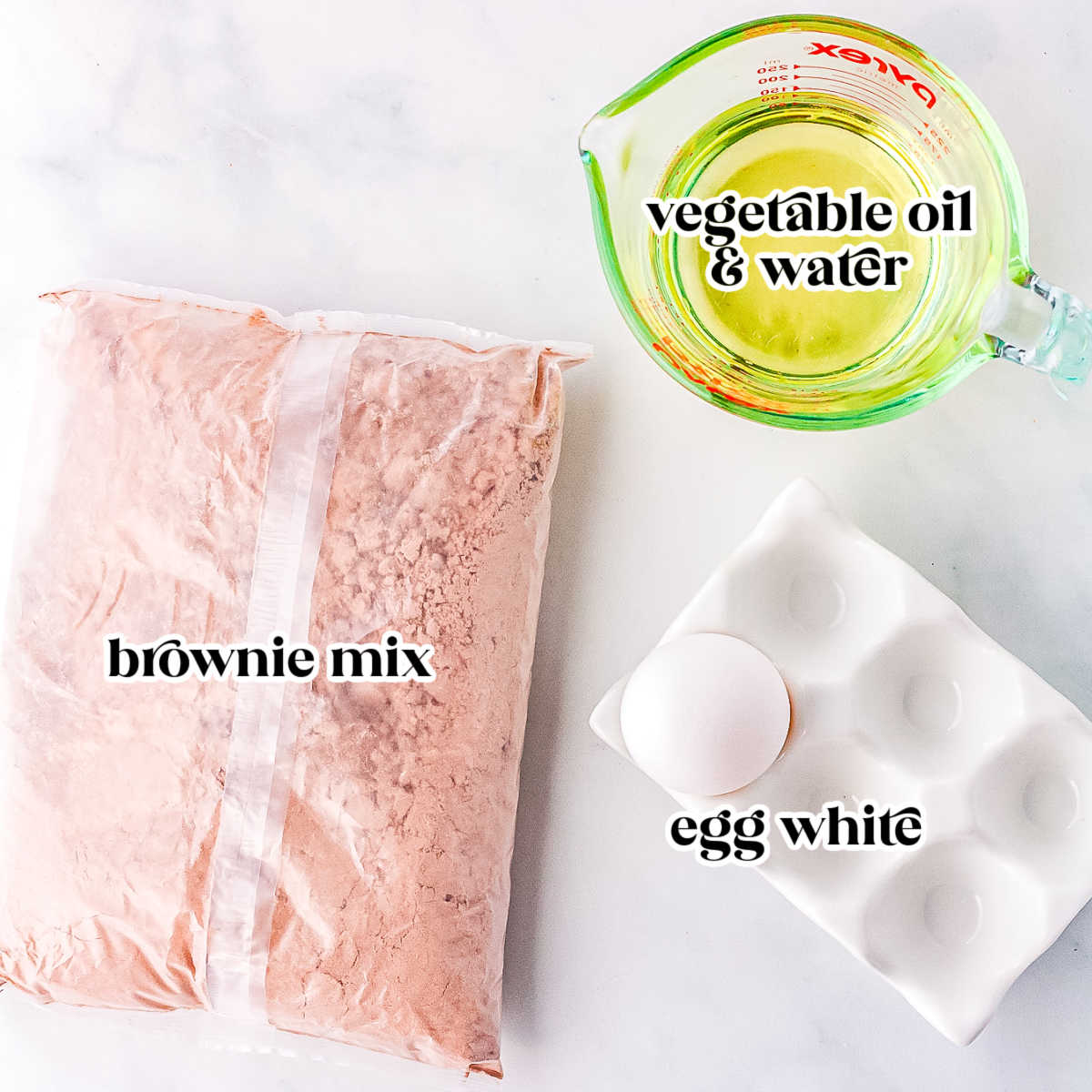 The brownie brittle recipe ingredients with text overlay labeling each.