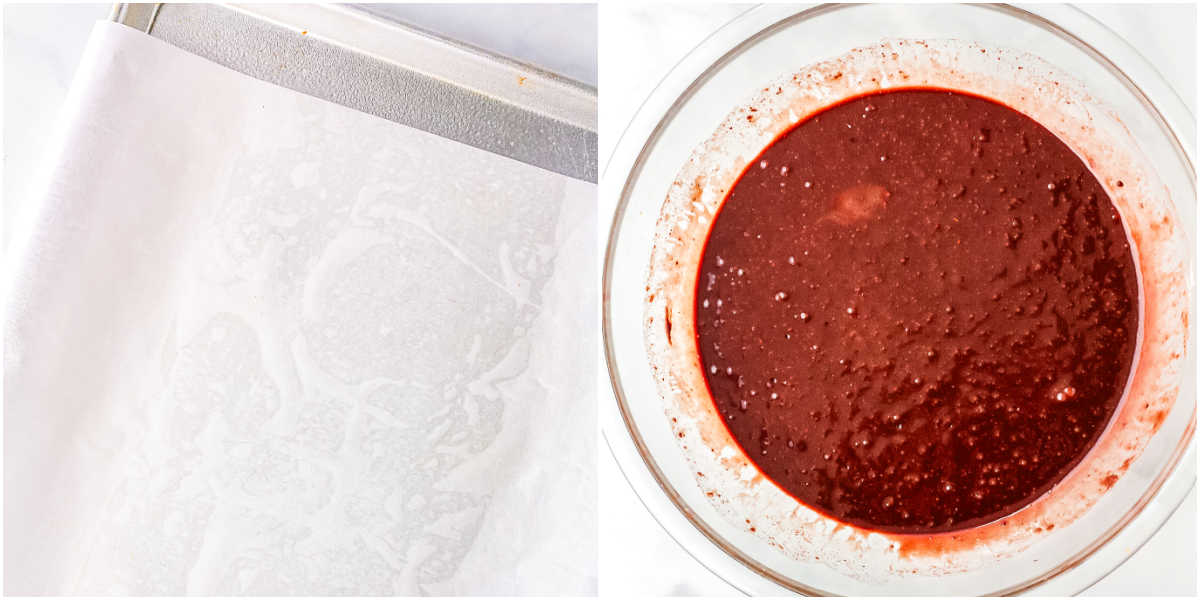 A picture collage of the lined rimmed baking sheet and the brownie brittle batter mixed together in a bowl.