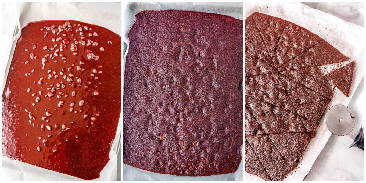 A picture collage of brownie brittle batter before and after it's baked and then cut into pieces.