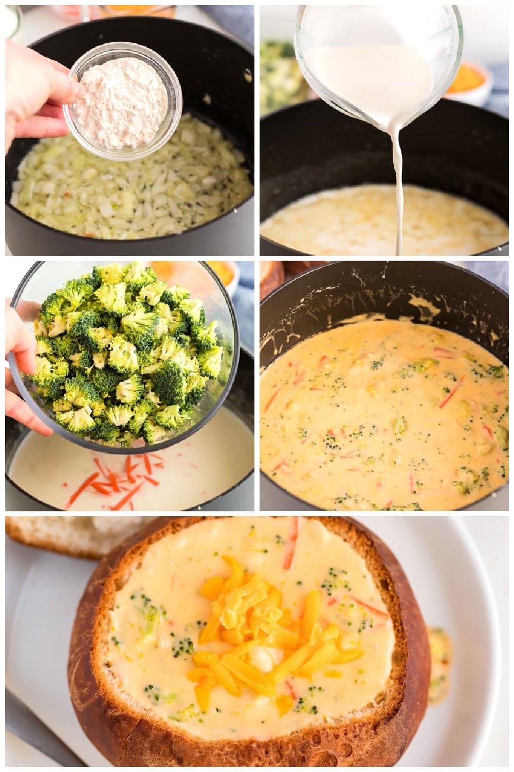 A picture collage showing how to make this Copycat Panera Broccoli Cheddar Soup Recipe.