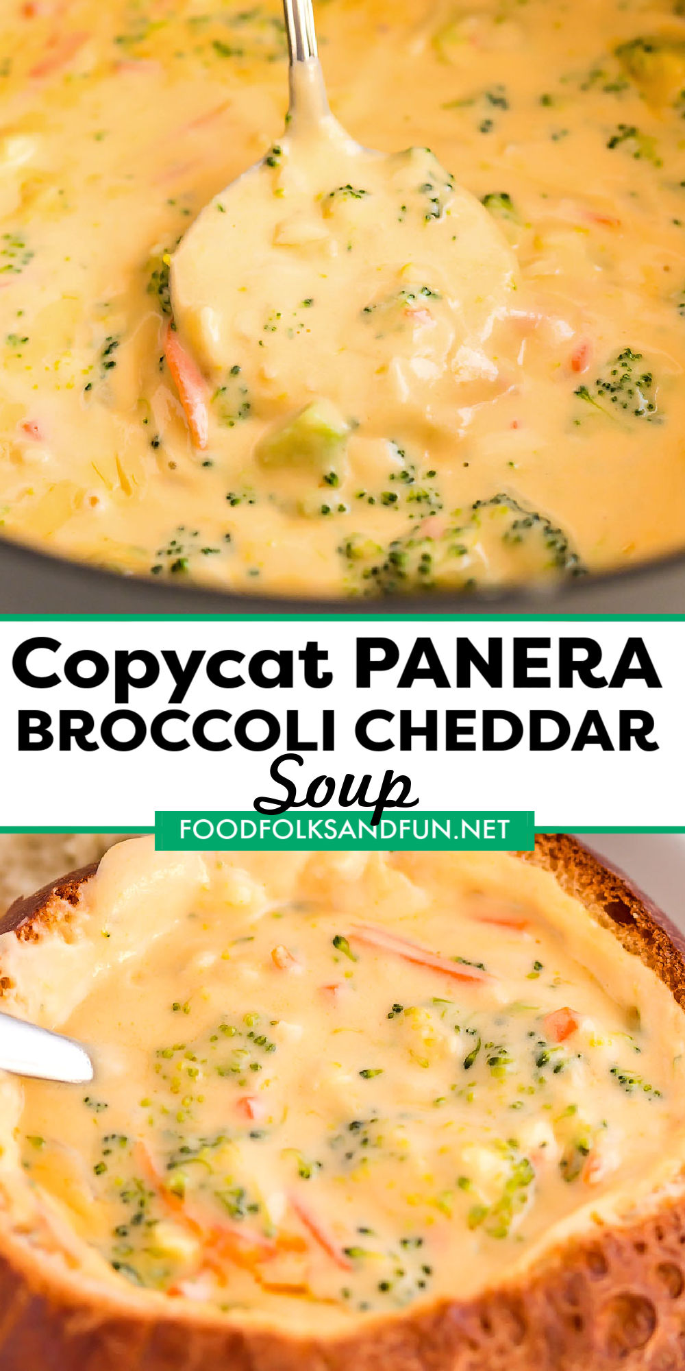 This Copycat Panera Broccoli Cheese Soup recipe tastes just like the original! Save money by making this soup at home! via @foodfolksandfun
