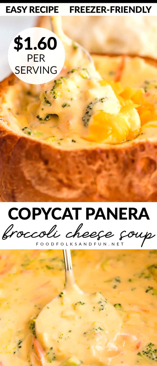This Copycat Panera Broccoli Cheese Soup tastes just like the original! Save money by making this soup at home! It serves 4 and costs just $6.40 to make!  via @foodfolksandfun