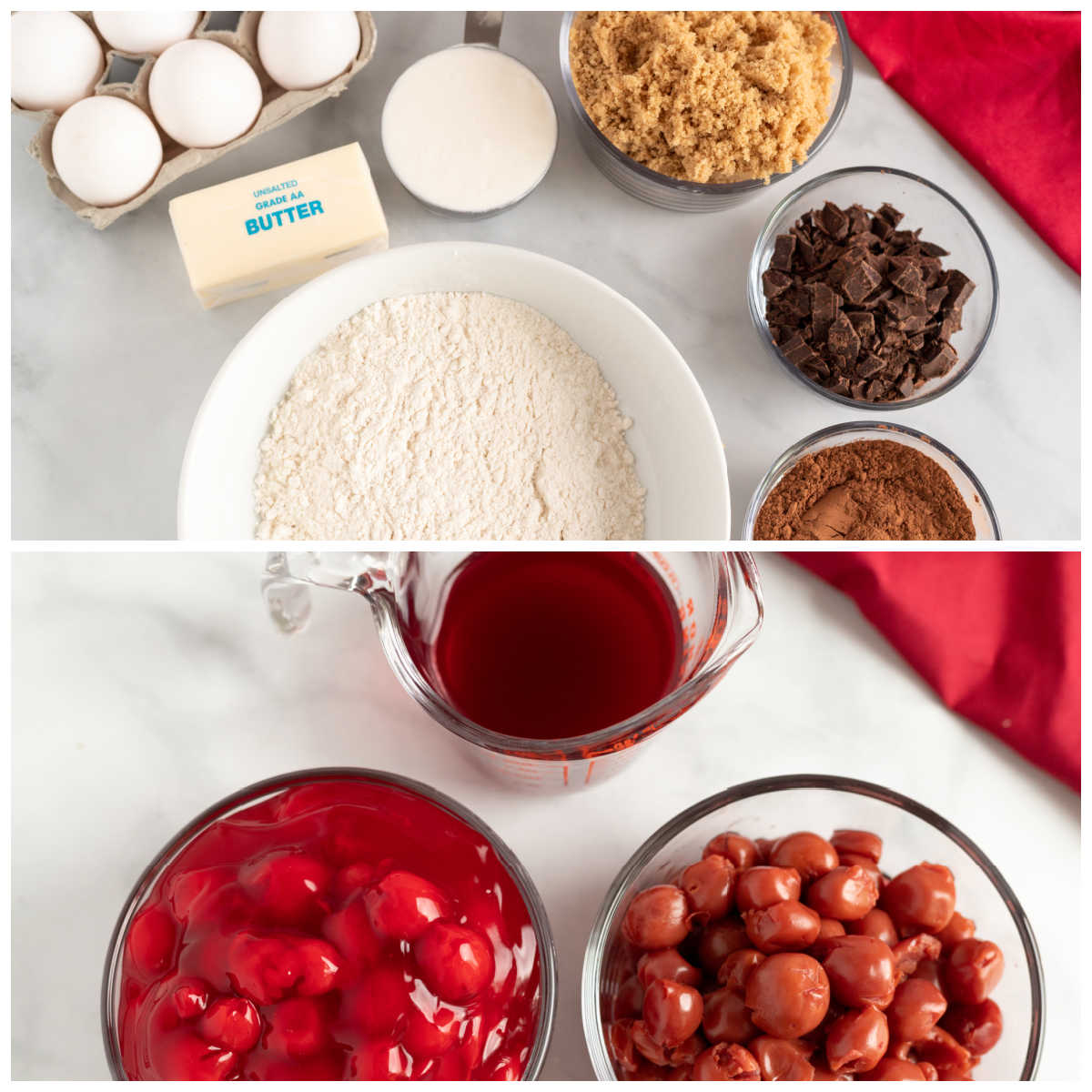 A picture collage of all of the ingredients needed to make this black forest cake recipe.