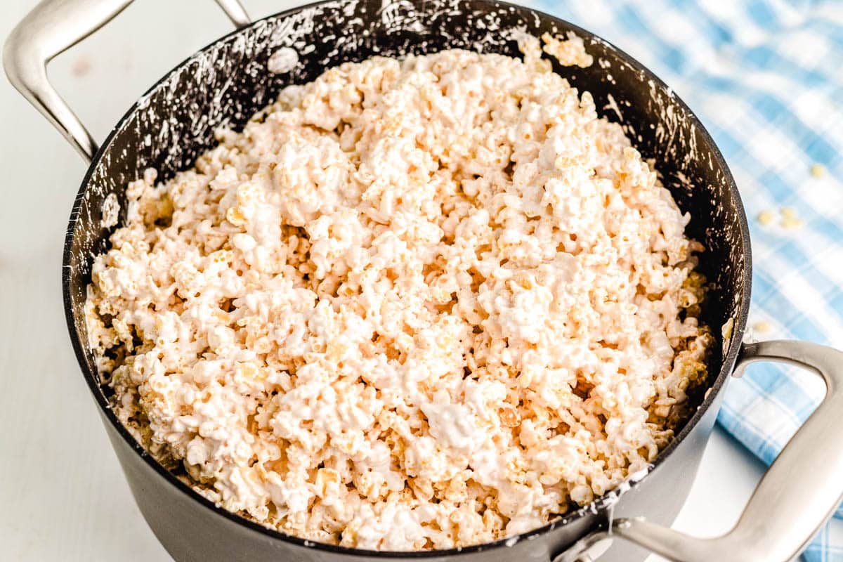 Rice krispies coated in the marshmallow mixture.