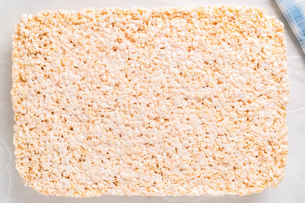 The rice krispie mixture set and listed from the pan.