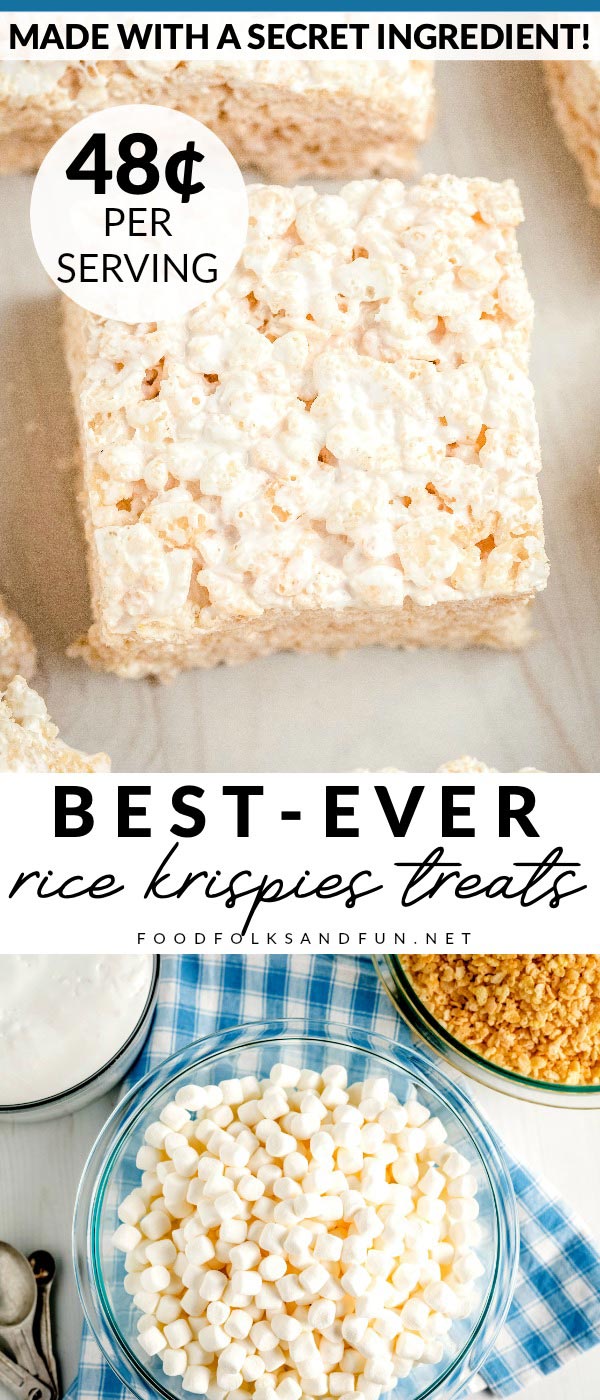 Finished Rice Krispies Treats picture collage with text overlay for Pinterest. 