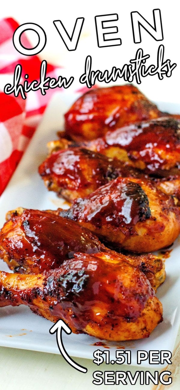 Finished Baked BBQ Chicken Drumsticks with text overlay for Pinterest. 