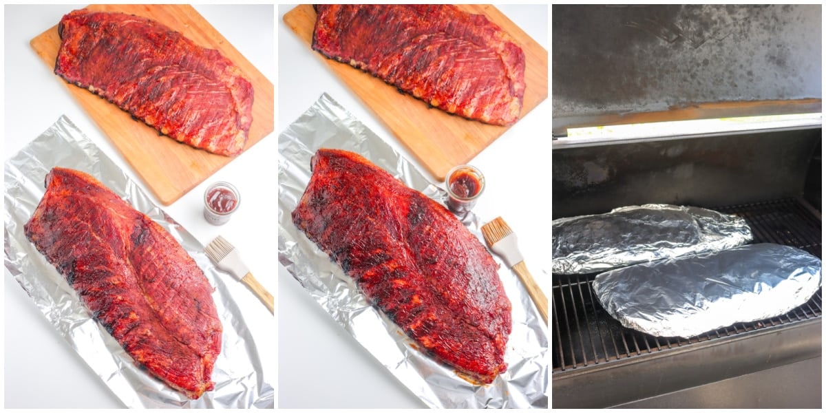 A picture collage showing how to cook ribs in foil. 