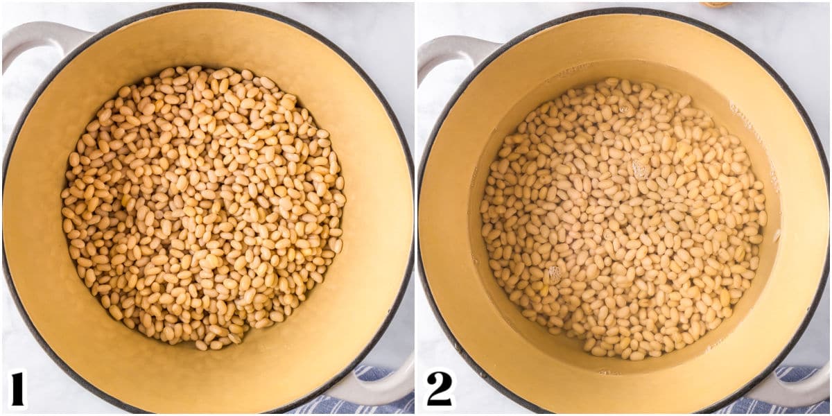 Tge beans aded to a pot and covered with water.