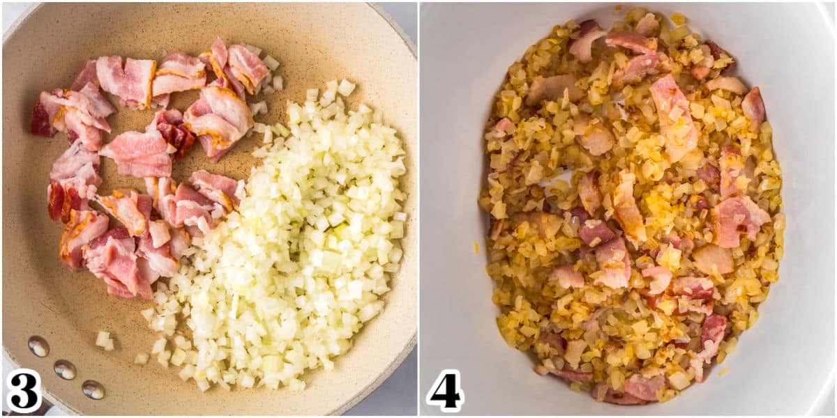 The cooked bacon and onion in a slow cooker insert.