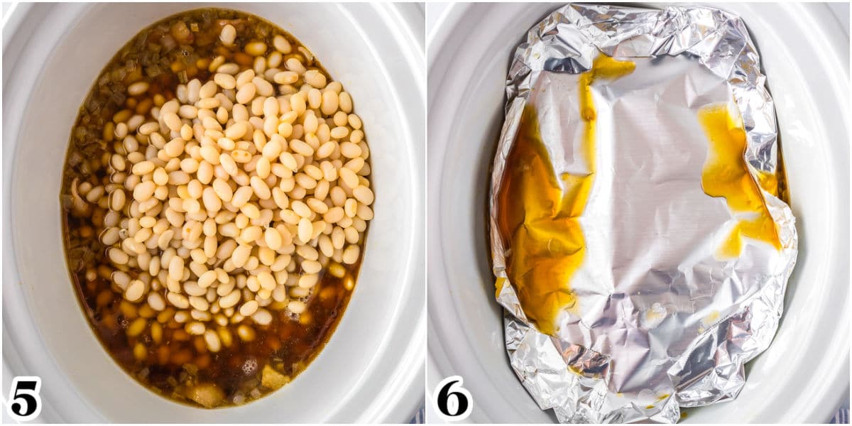 The beans mixed and covered with foil before they're slow cooker.