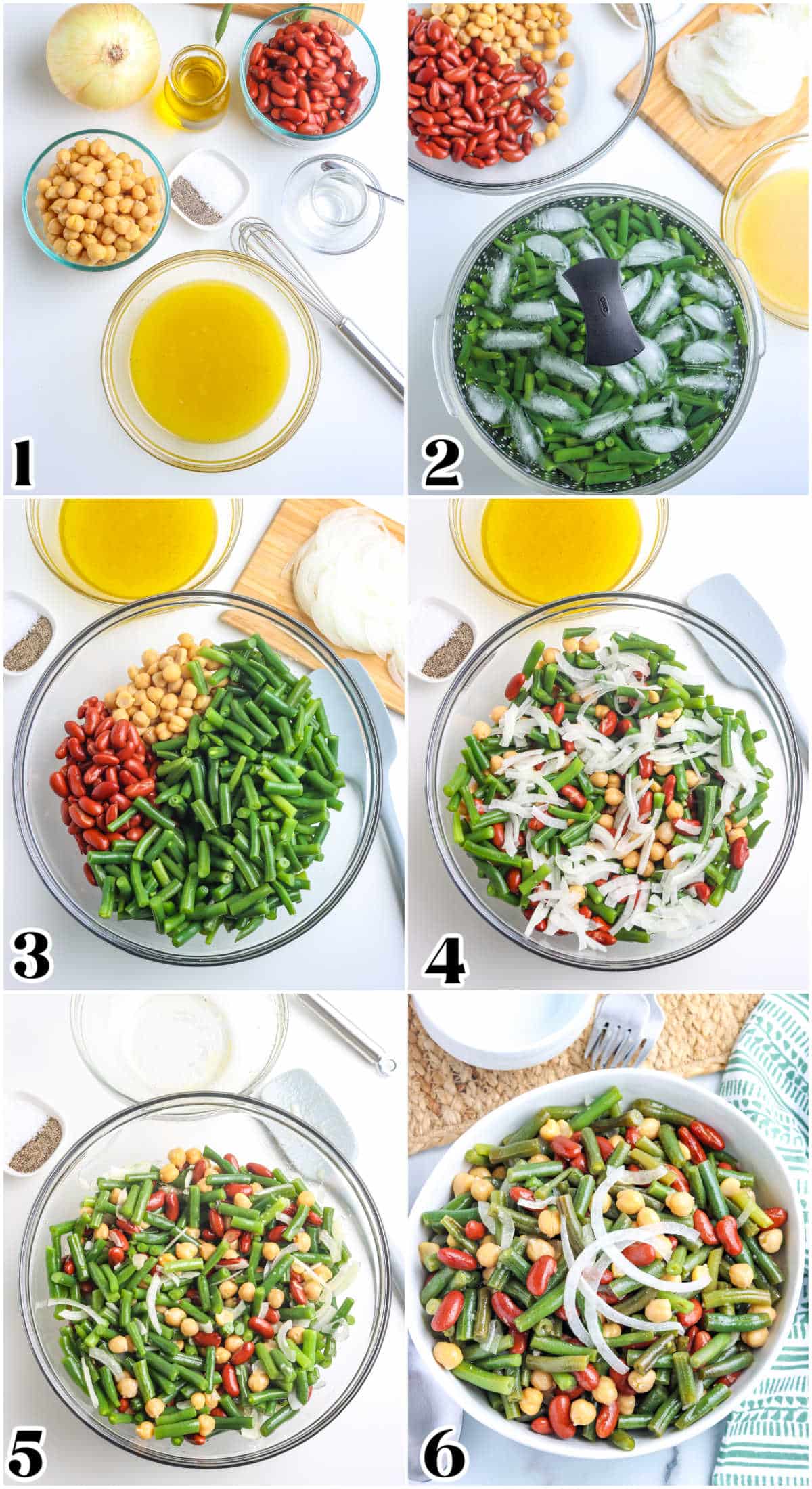 A picture collage showing the steps of how to make three bean salad from making the dressing to tossing and chilling the salad overnight.