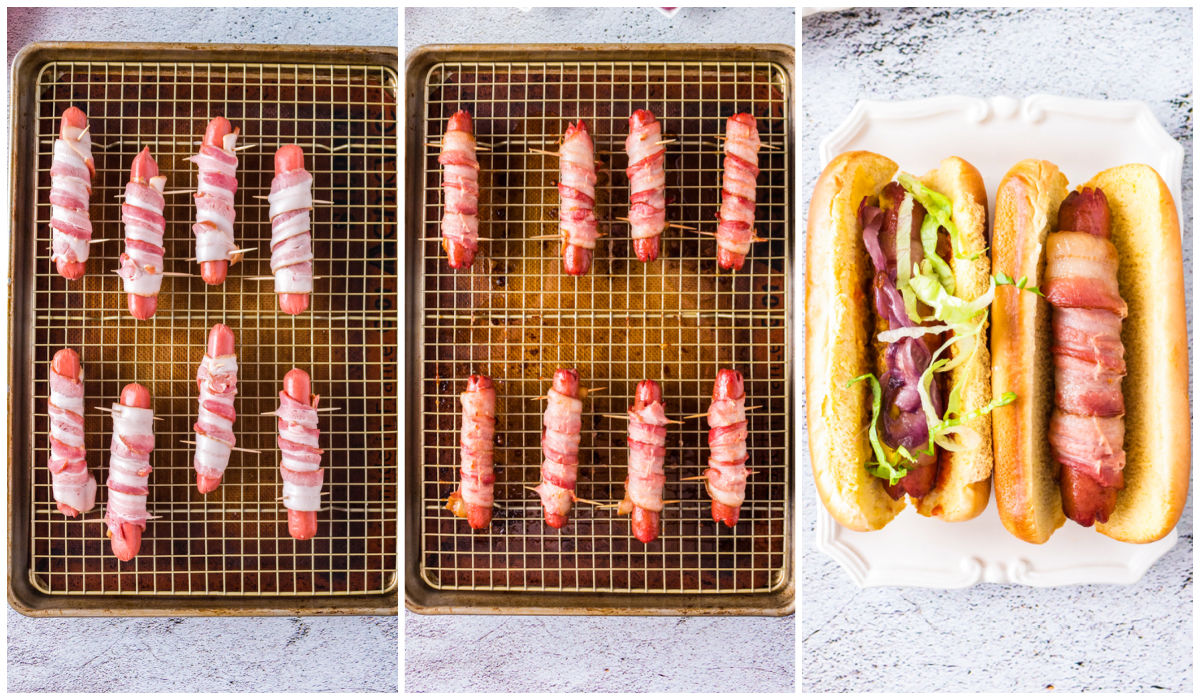 A picture collage of how to make Bacon Wrapped Hot Dogs in the oven.